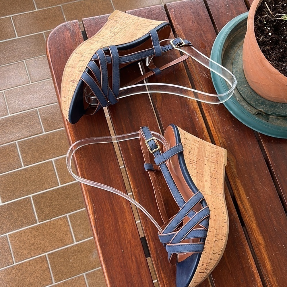 Lauren Ralph Lauren QUAYLIN Navy Blue Peep Toe Cork Wedge Heel Shoes 7 - Picture 5 of 10